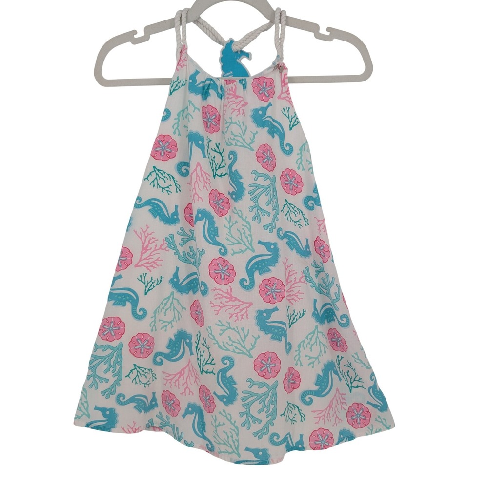 Tommy Bahama Halter Dress Girls 6 White Seahorse‎ Coral Rope Straps Coastal Prep